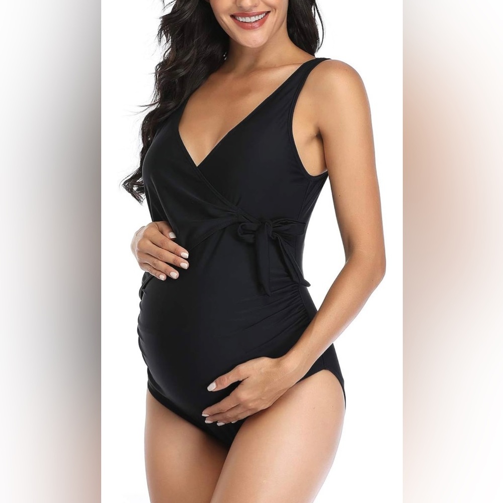 Cute tie front black maternity swimsuit